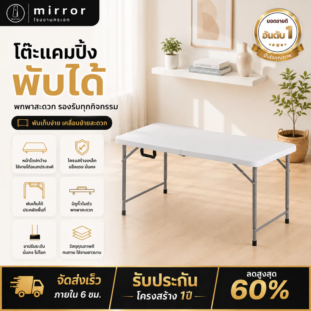 โต๊ะพับ โต๊ะพับอเนกประสงค์ โต๊ะวางของ โต๊ะตลาดนัด โต๊ะพลาสติก HDPE ขาเหล็ก รับน้ำหนักได้สูง 500 กก.