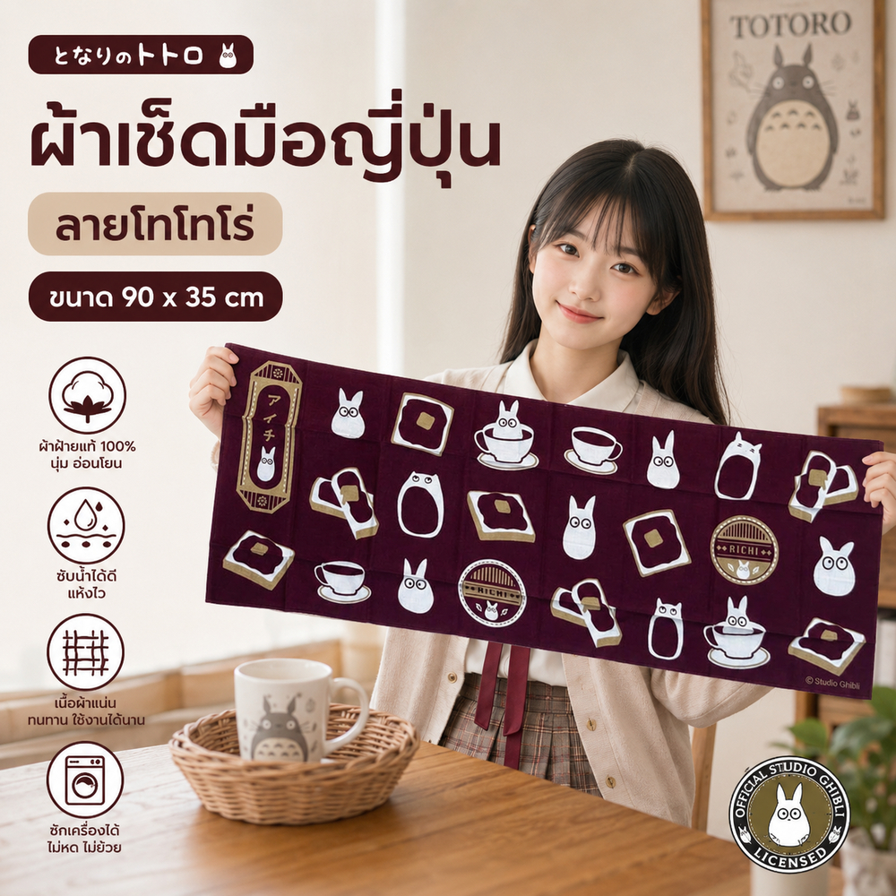 ผ้าเช็ดมือ เทนุกุอิ Ghibli ผ้าดั้งเดิมญี่ปุ่น ผ้าเช็ดหน้า ลายโทโทโร่จิ๋ว ใช้งานได้หลากหลาย