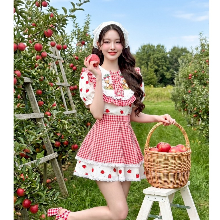 (มี3XL) สีแดงสก็อต Peep Peep Set เซ็ต 2 ชิ้น เสื้อผ้าเปเป้ตัดต่อคอตตอนอสก็อต + กระโปรงสั้นสองเลเยอร์มีซับในฟ