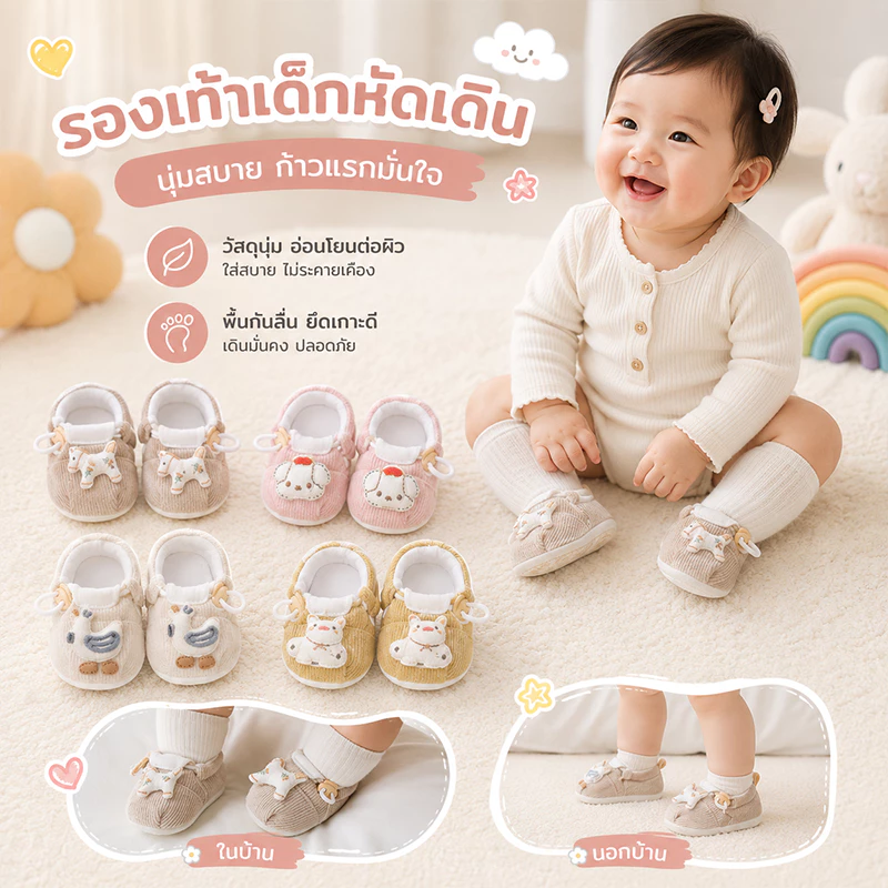 รองเท้าเด็กทารก รองเท้าเด็กหัดเดิน ตุ๊กตาน่ารัก ปรับความแน่นได้ กันลื่น ระบายอากาศ