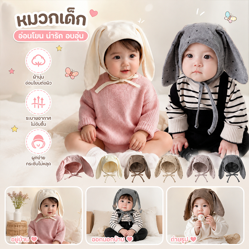 หมวกเด็ก หมวกทารก ผ้าฝ้ายใส่สบาย รูปร่างน่ารัก เหมาะสำหรับ 2-12 เดือน