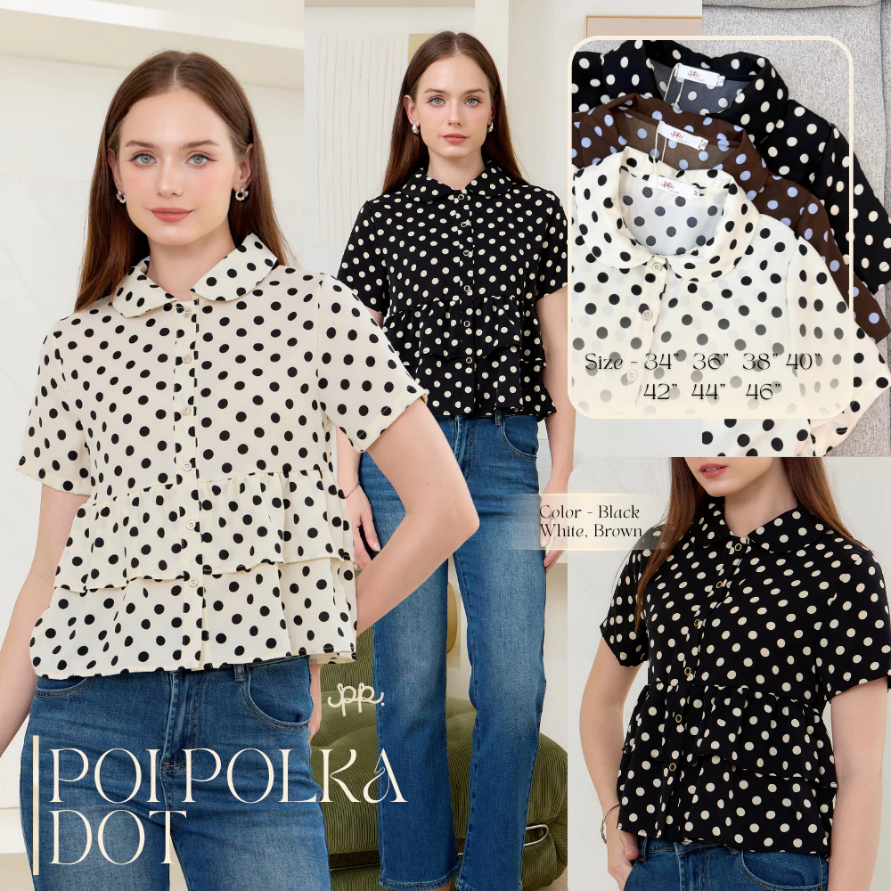 POI Polkadot เสื้อคอปกผ้าเจลลี่ระบายชายลายจุด ใส่สบาย L023D7