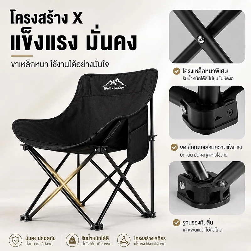 WTHB เก้าอี้แคมป์ปิ้ง เก้าอี้พับ อุปกรณ์แค้มปิ้ พกพาสะดวก ปิคนิค ตกปลา รับน้ำหนัก300กก thumbnail 6
