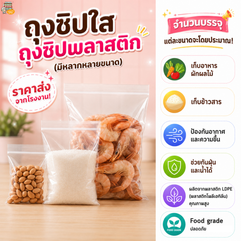 (ส่งไว ราคาส่งโรงงาน) ถุงซิปใส ถุงพลาสติก ซิป แน่น หนา (จำนวนบรรจุแต่ละขนาดจะโดยประมาณ)