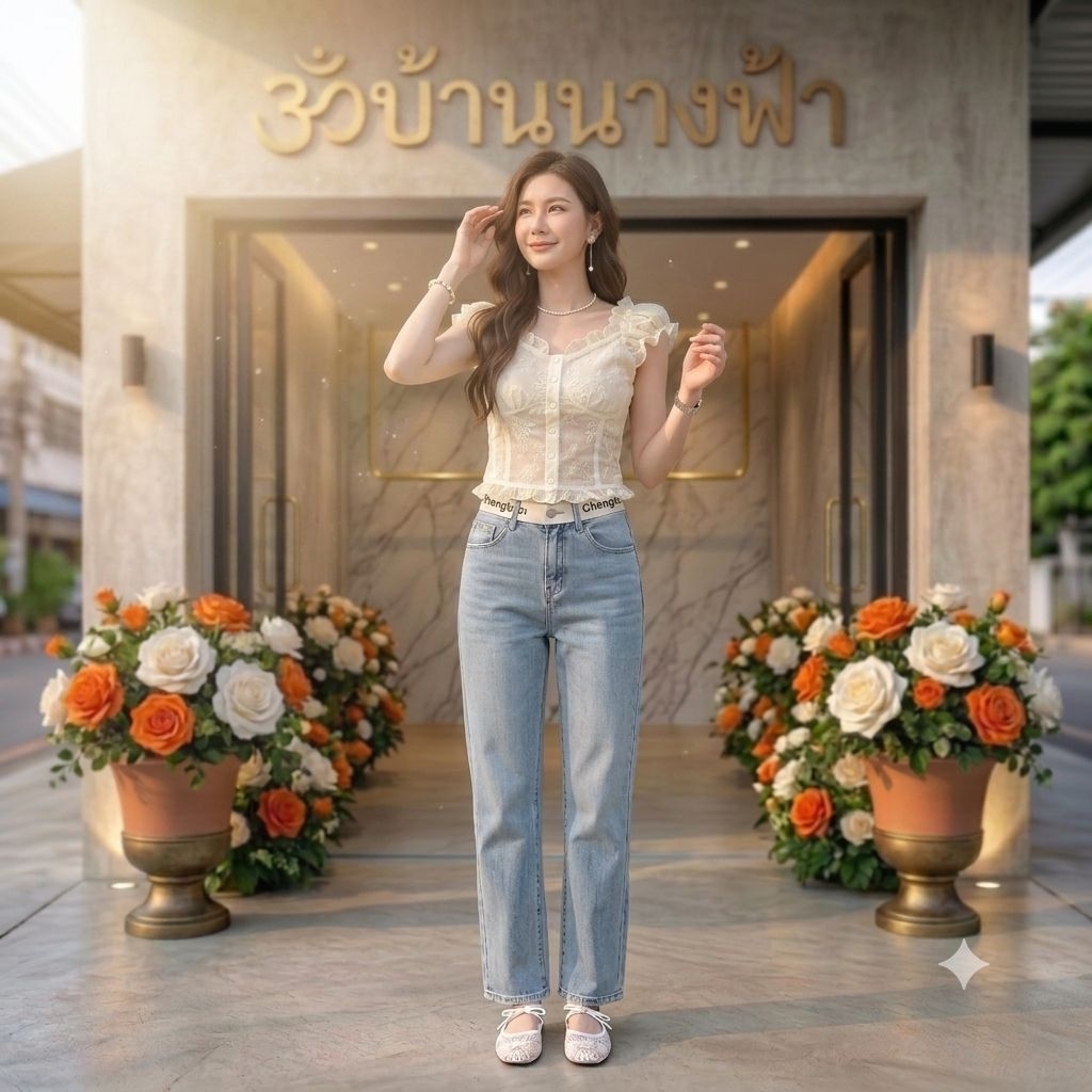 ꔛ ꕤ ˚กางเกงยีนส์ ผ้าที่ใครลองก็หลงรัก ทรงบอย แต่งปักขอบรอบเอวเก๋ ๆ ผ้าไม่ยืด เผื่อสะโพกใส่นะคะ จับใส่กับอะไรก็เริ่ดจริง
