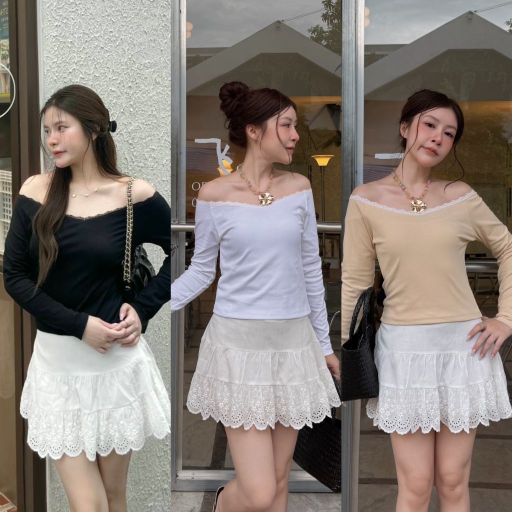 เสื้อแขนยาวเปิดไหล่ขอบลูกไม้