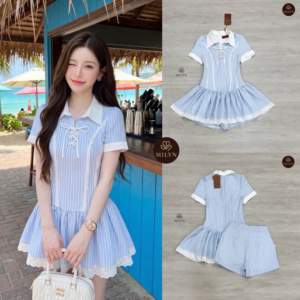 Milyn  Set 2 ชิ้น มินิเดรสลายทางสีฟ้า