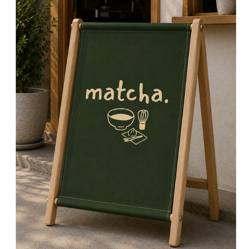 ป้ายผ้าสองลายตั้งพื้นทรง A สไตล์มินิมอล | ป้ายคาเฟ่สีเขียว MATCHA ป้ายหน้าร้านคาเฟ่ ร้านกาแฟ พร้อมพิมพ์ลายตามสั่ง