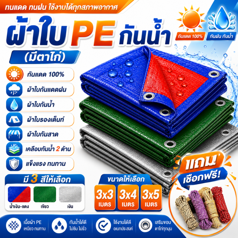 ซื้อ1แถม1 ผ้าใบอเนกประสงค์ ไซส์ 3x3 3x4 3x5 เมตร แถมเชือกมีตาไก่ วัสดุPE กันแดดกันฝน ผ้าใบพลาสติกอย่างดี ทนทาน ปูรองพื้น