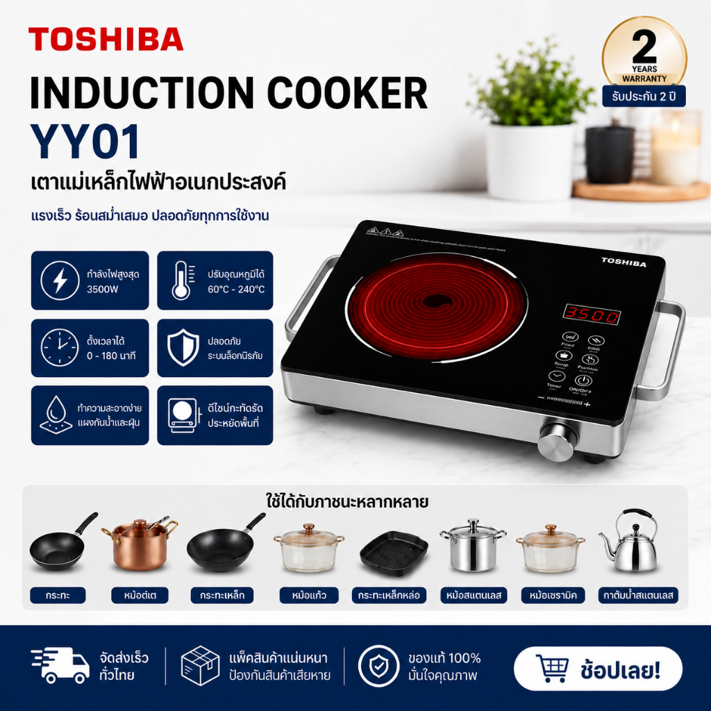 TOSHIBA Induction Cooker YY01 3500W เตาแม่เหล็กไฟฟ้า กำลังไฟสูง ปรับอุณหภูมิได้ ตั้งเวลา 180 นาที ประหยัดไฟ ใช้งานง่าย