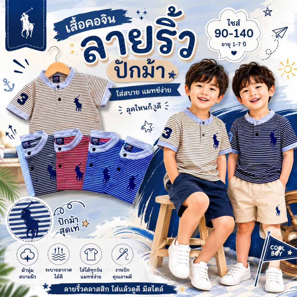 💥มาใหม่ เสื้อคอจีนเด็ก  ปักม้า ผ้าดี สีไม่ตก ไม่หดไม่ย้วย เนื้อนุ่ม