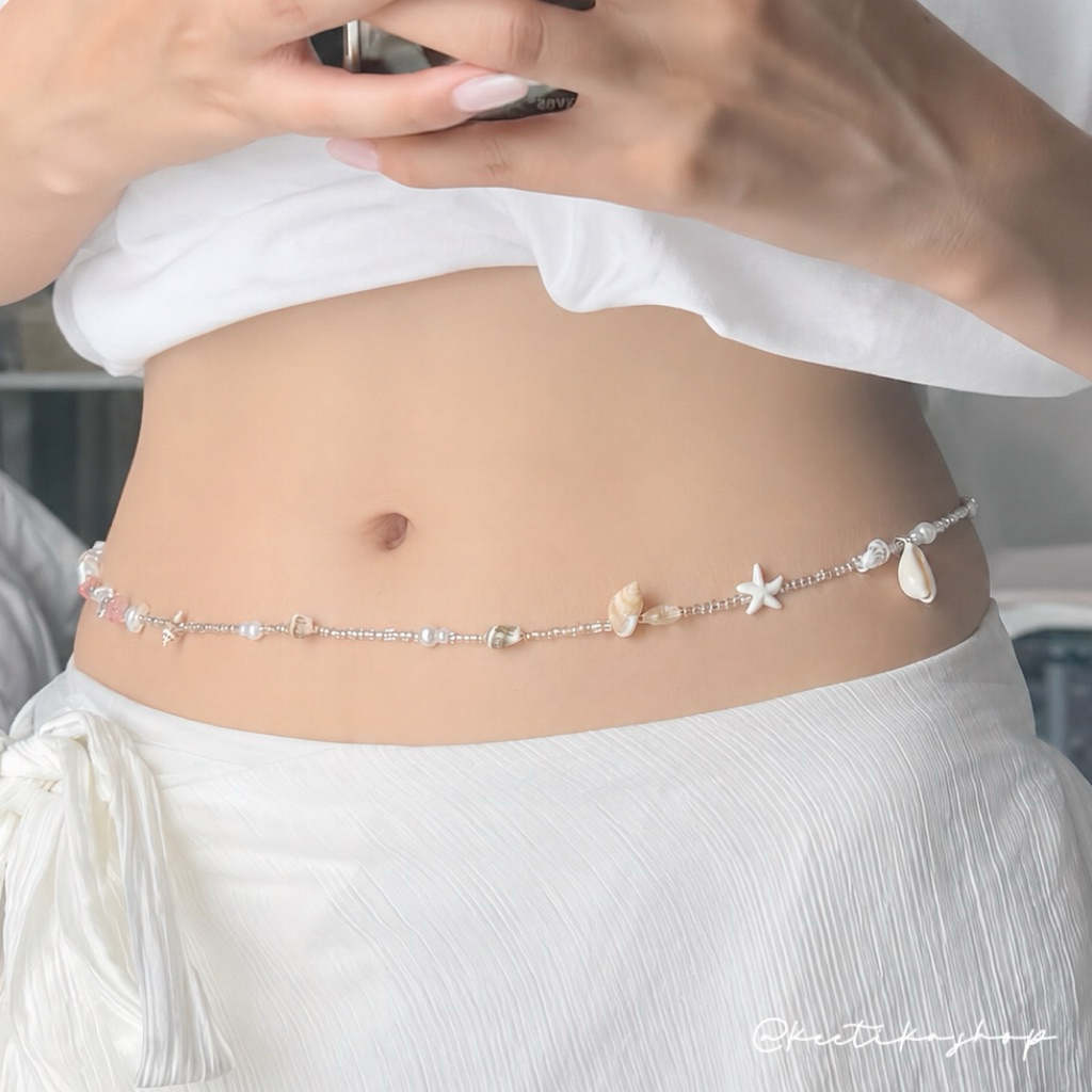 Handmade Waist Beads Natural Stone Starfish Beach Vibe-สร้อยเอวลูกปัดสีธรรมชาติ ปลาดาว ใส่ไปทะเล/คาเ
