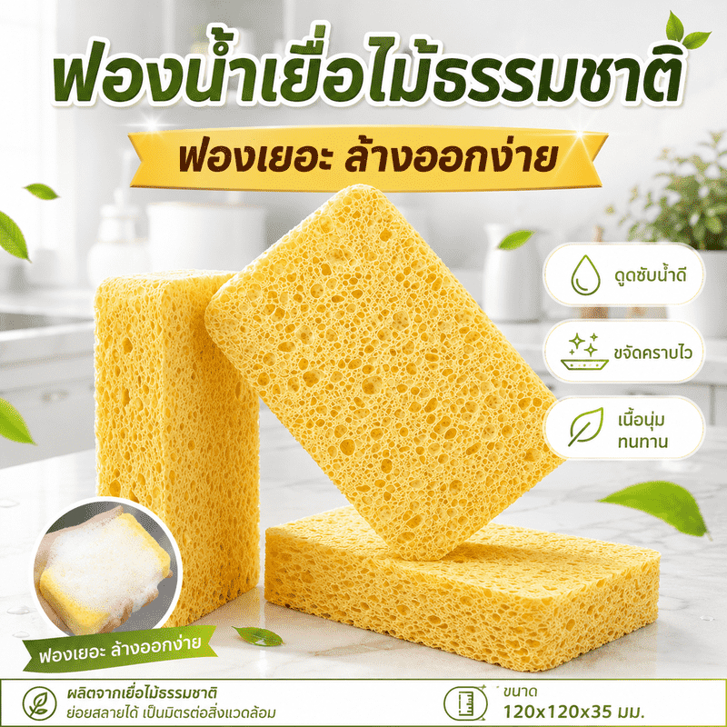 ฟองน้ำล้างจานเยื่อไม้ธรรมชาติ ฟองน้ำไม้เยื่อ ซับน้ำได้ดี ขจัดคราบมัน ไม่ขูดผิว ใช้ล้างจาน หม้อ กระทะ ทำความสะอาดครัว