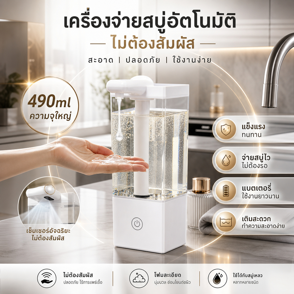 490มล น้ำยาล้างจานในครัวเครื่องจ่ายสบู่อัตโนมัติแบบเซ็นเซอร์，โนมัติสบู่เหลวแบบสัมผัสและเครื่องจ่ายเจลทําความสะอา