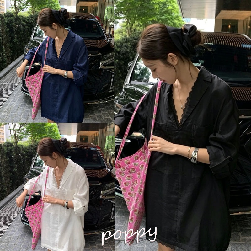 เดรสเชิ้ตสำหรับผู้หญิง ทรงยาวปานกลาง แขนยาว คอวี ตกแต่งด้วยลูกไม้ มีหลายสีให้เลือก สวมใส่ได้หลายโอกาสในสไตล์ลำลอง#W520