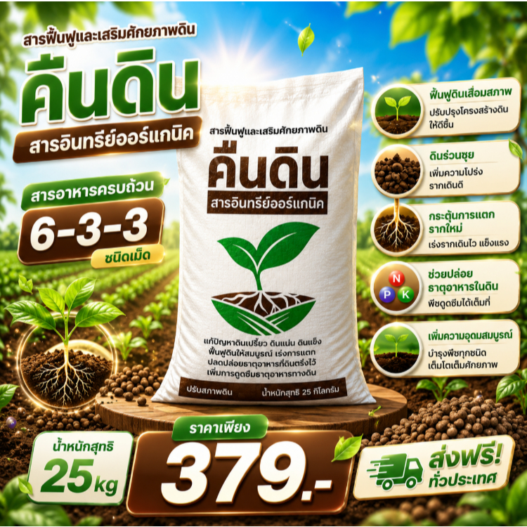 ปุ๋ยเม็ด 633 ฟื้นฟูดินเสื่อมสภาพ ดินร่วนซุย กระตุ้นการแตกรากใหม่ รากเดินไว คืนดิน 25kg