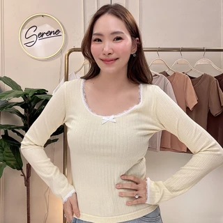 Serene's Choice เสื้อคอยู แขนยาว ติดลูกไม้ แต่งโบว์ ผ้าริ้ว Ribbed สไตล์เกาหลี โรแมนติก น่ารักมาก