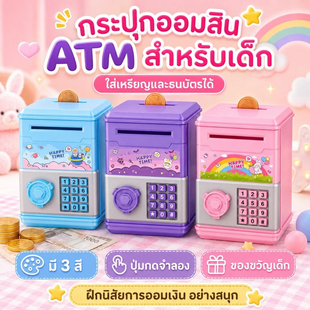 KiKi กระปุกออมสิน ATM 3 สี ใส่เหรียญธนบัตรได้ ปุ่มกดจำลอง ของขวัญเด็ก thumbnail 10