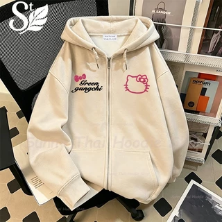 เสื้อฮู้ดมีซิปแขนยาวลาย Hello Kitty คู่กับข้อความ สไตล์เกาหลี น่ารักหวานๆ ทรงหลวม Unisex ผ้าฝ้ายคุณภาพสูง