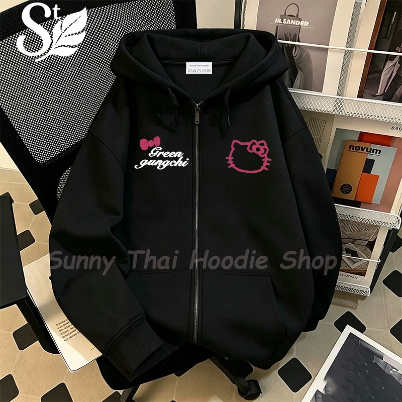 เสื้อฮู้ดมีซิปแขนยาวลาย Hello Kitty คู่กับข้อความ สไตล์เกาหลี น่ารักหวานๆ ทรงหลวม Unisex ผ้าฝ้ายคุณภาพสูง