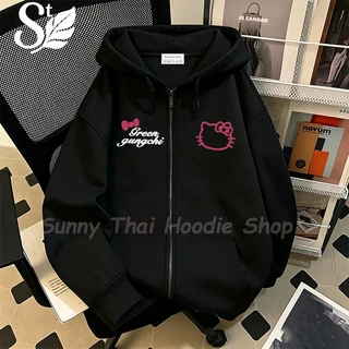 เสื้อฮู้ดมีซิปแขนยาวลาย Hello Kitty คู่กับข้อความ สไตล์เกาหลี น่ารักหวานๆ ทรงหลวม Unisex ผ้าฝ้ายคุณภาพสูง