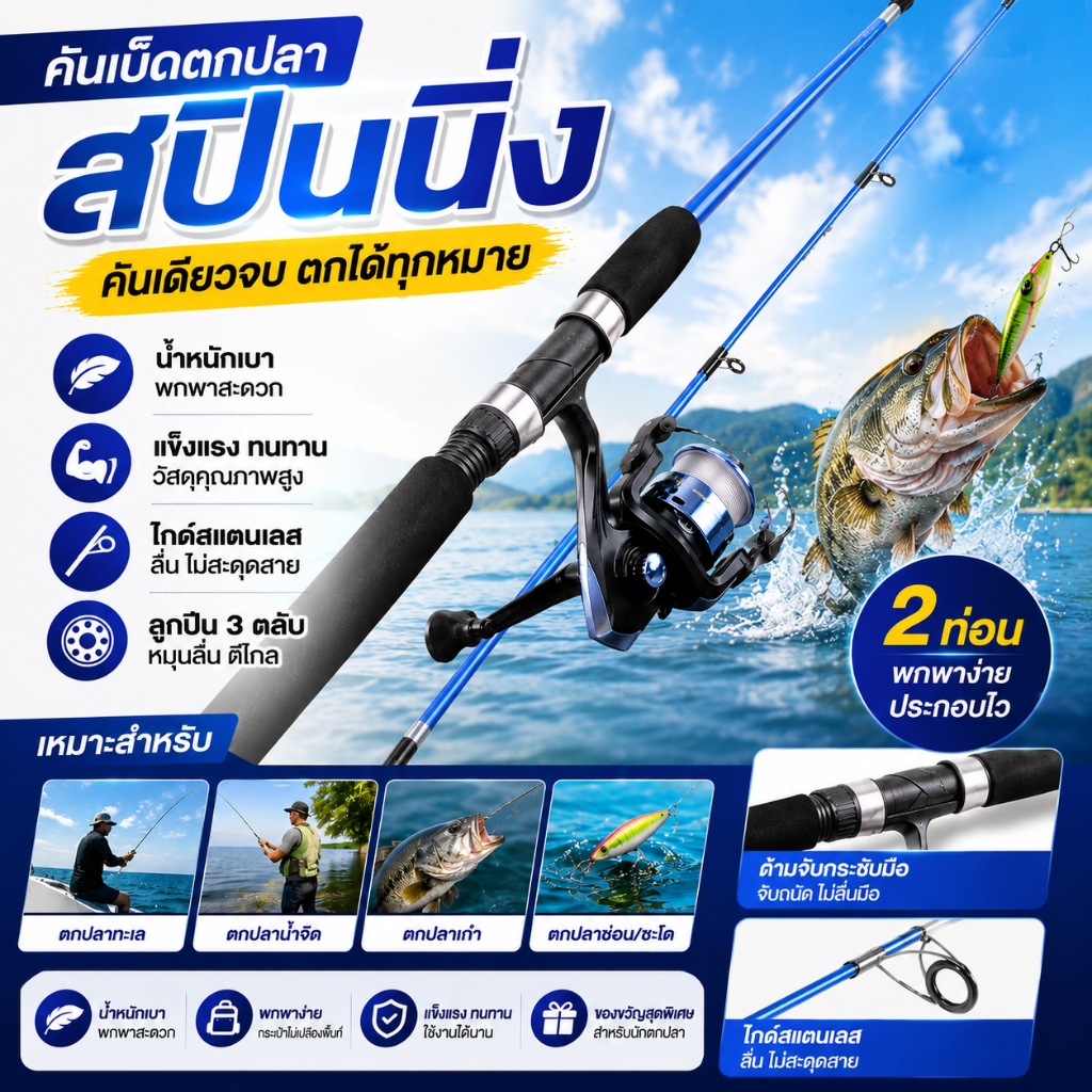 คันเบ็ดตกปลาแบบหมุน 1.8 ม. - 2.1 ม. ด้ามจับ 3.9เท้ 5.9เท้ 6.9เท้ EVA แบบใยแก้ว ดึงสูงสุด 20 กก. สำหรับการตกปลาเบส