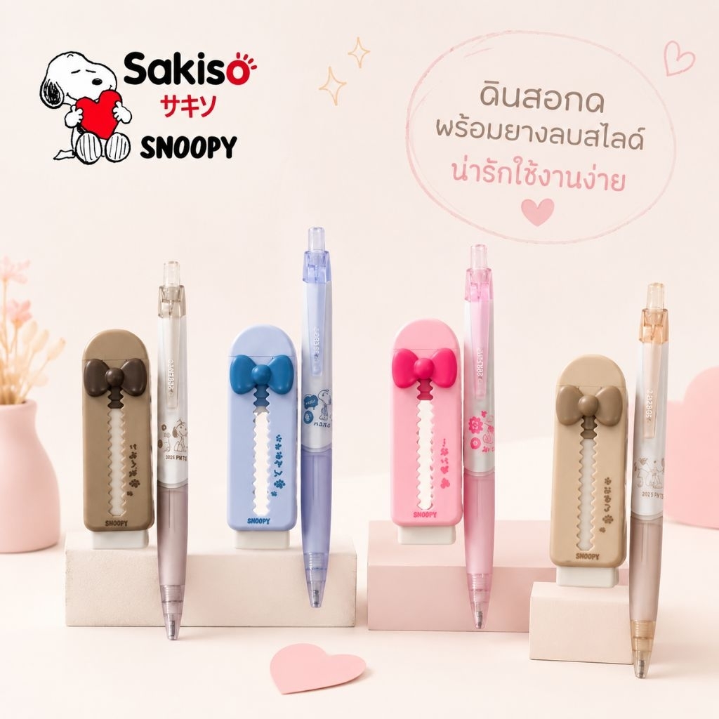 Sakiso เซ็ทคู่ ดินสอกด 0.5 มม. + ยางลบสไลด์ รุ่น Snoopy School Time