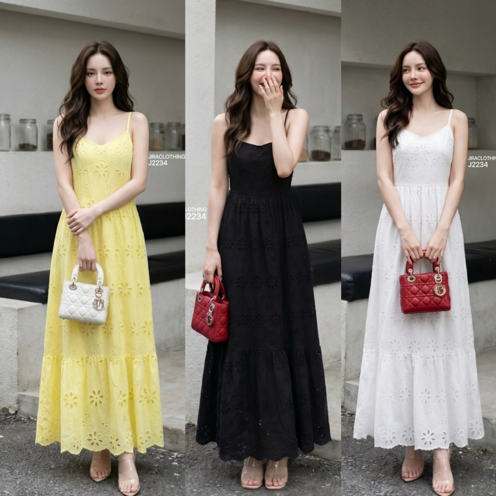J2234 JiraClothing เดรสสายเดี่ยว ดีเทลผ้าฉลุลายดอกไม้