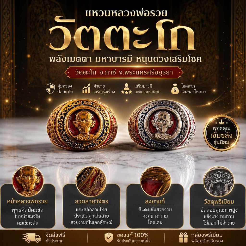 (พร้อมส่ง!)แหวนหลวงพ่อรวย ปาสาทิโก อ.ภาชี จ.พระนครศรีอยุธยา งาน18K ลงยาอย่างดี ไม่ลอก ไม่ดำ
