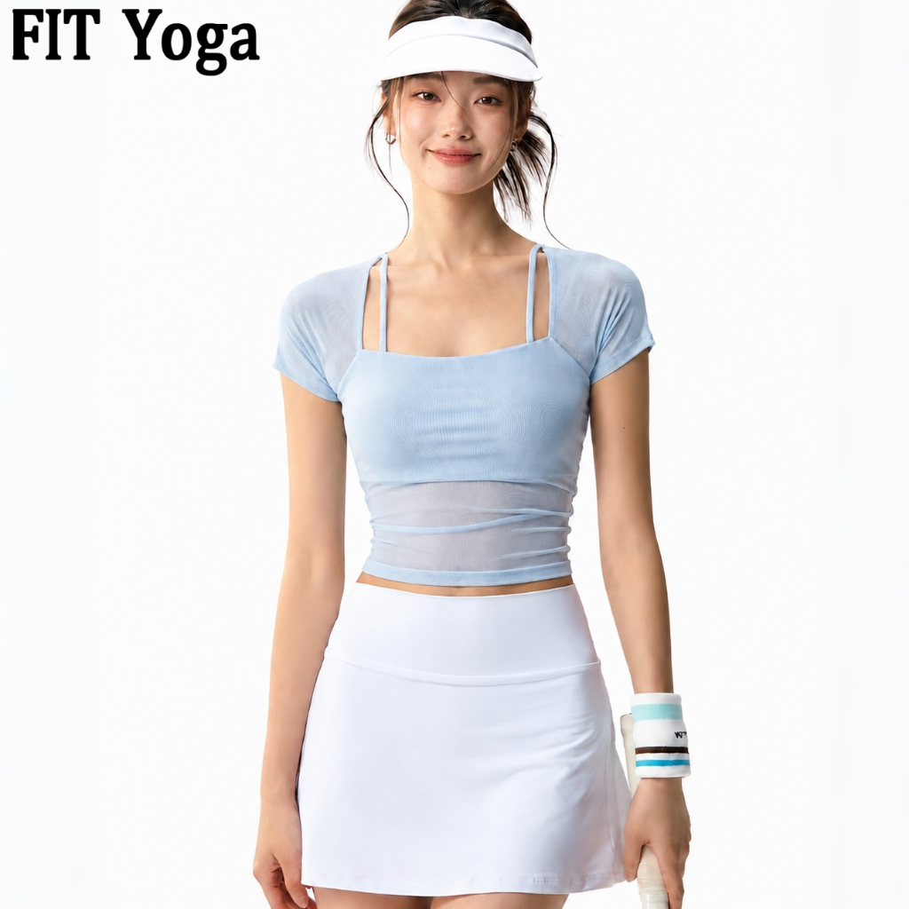 FitYoga ชุดโยคะชุดออกกำลังกายวิ่งพกสูงพกสูงกระโปรงสำหรับผู้หญิงฝึกซ้อมการออกแบบการออกแบบกลวงแขนสั้น