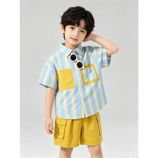 BB335 ชุดเด็กผู้ชาย 2 ชิ้น เสื้อเชิ้ตลายทางสีฟ้า กางเกงขาสั้นสีเหลือง