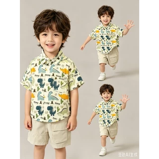 BB336 ชุดเด็กผู้ชายลายไดโนเสาร์ เสื้อเชิ้ตแขนสั้น + กางเกงขาสั้น