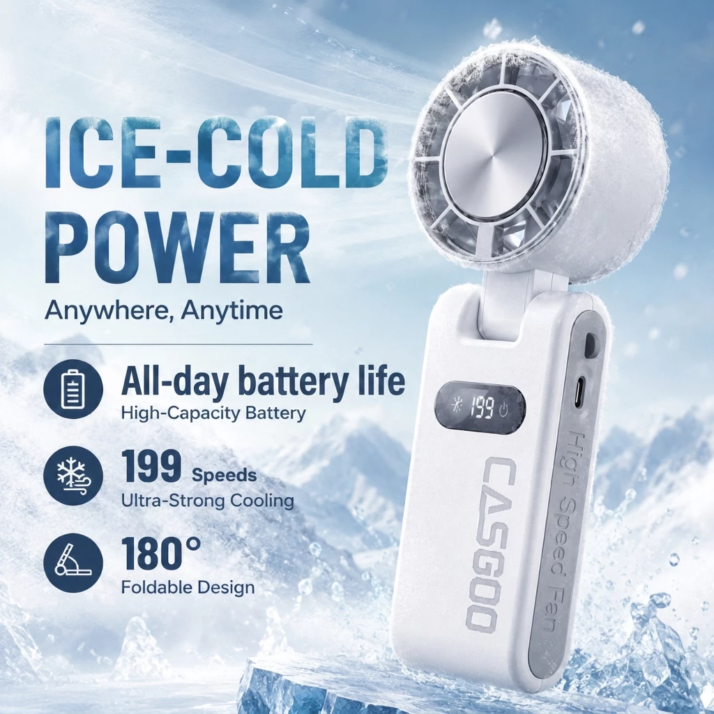 พัดลมไอเย็น CASGOO K680 ICE Cooling Fan ปรับลม199ระดับ เย็นได้16° มอเตอร์13000rpm ปรับ180°+ไฟฉาย+สายคล้อง+ฐานตั้งฟรี