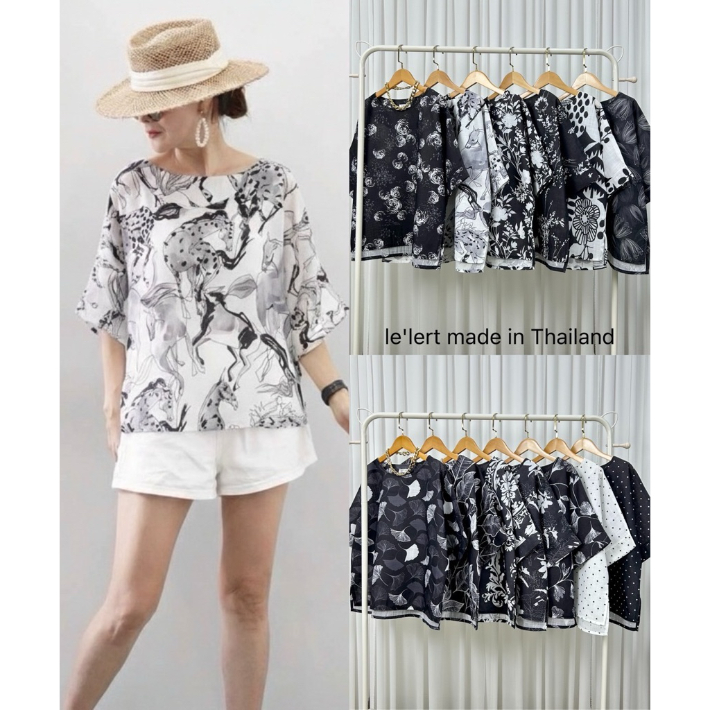 เสื้อคอกลม แขนสั้นในตัว ชายเสื้อตรงผ่าข้าง หน้าสั้น-หลังยาว ผ้าลินินญี่ปุ่น พิมพ์ลาย “อก 48 นิ้ว”