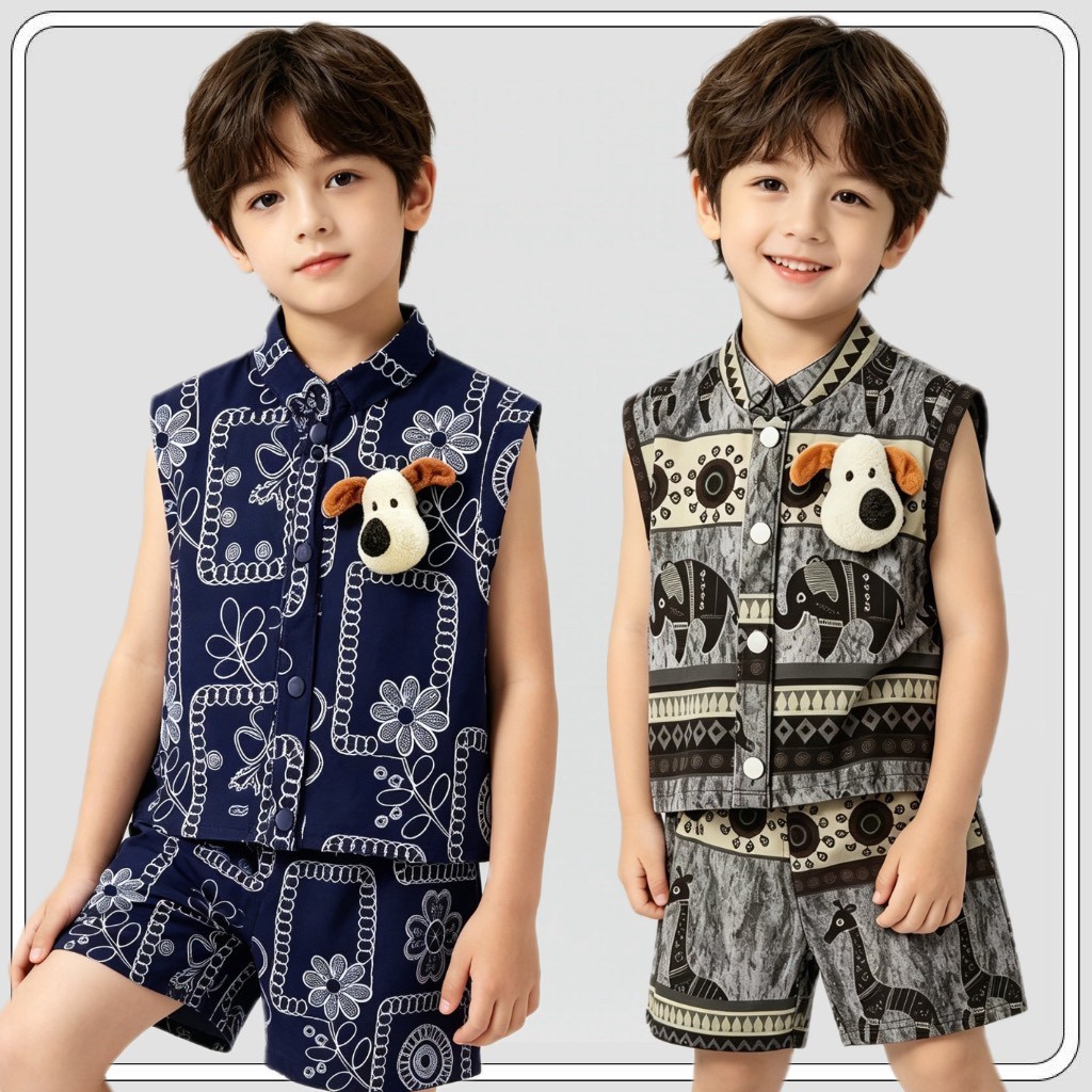 MC330 ชุดเด็กผู้ชาย เสื้อกั๊กมีปกพร้อมตุ๊กตา ลายดอกไม้และสัตว์น่ารัก