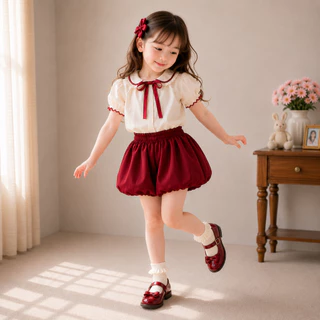 กระโปรงกางเกงบอลลูนของผู้หญิง แม่และเด็ก สีแดงเชอร์รี่ (สีใหม่)