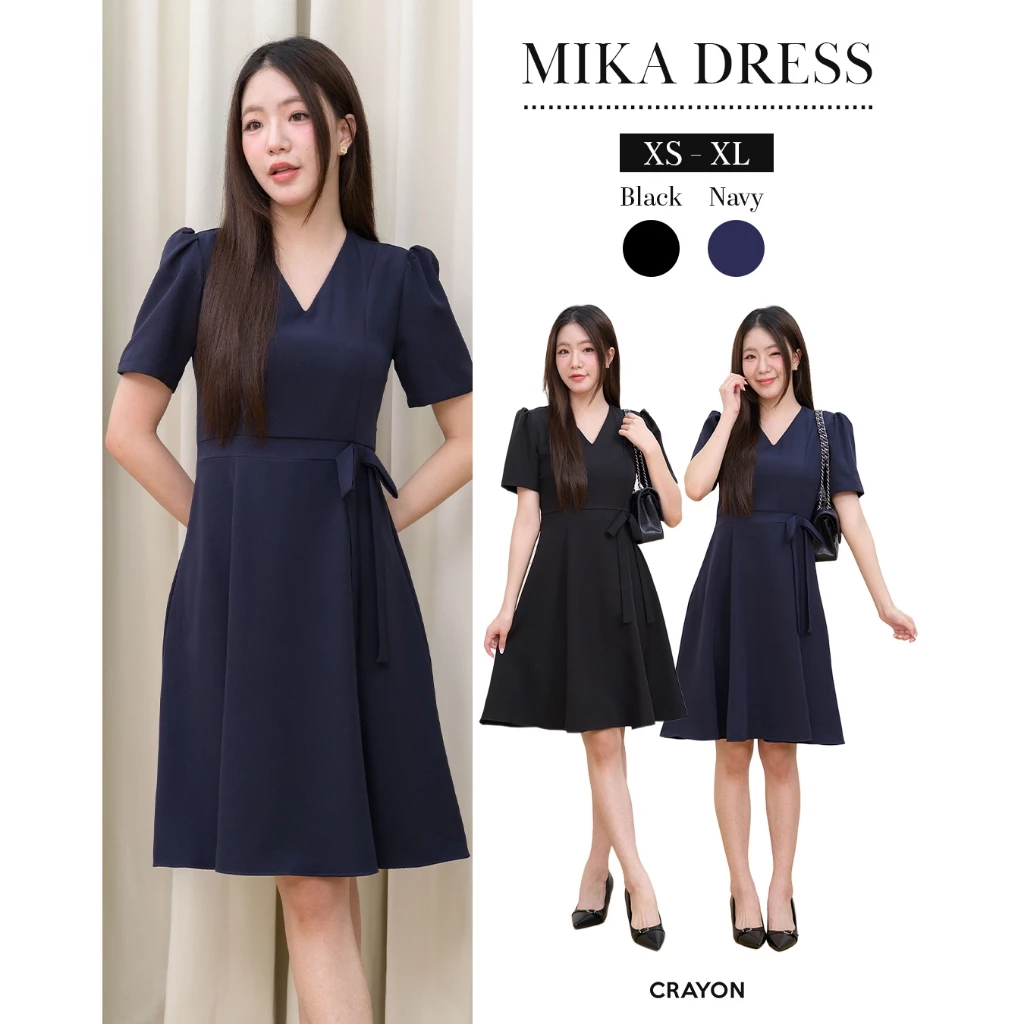 (XS-XL) Mika dress - ชุดเดรสทำงาน ชุดทำงานผู้หญิง เดรสกระโปรงพลิ้ว เข้าเอวแต่งโบว์ แขนพอง - CRAYONBRAND