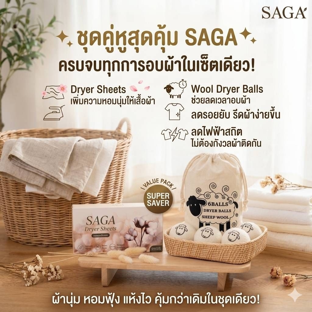 ชุดคู่หู SAGA Dryer Sheets + Wool Dryer Balls ที่เน้นความคุ้มค่าและประโยชน์ของการอบผ้า