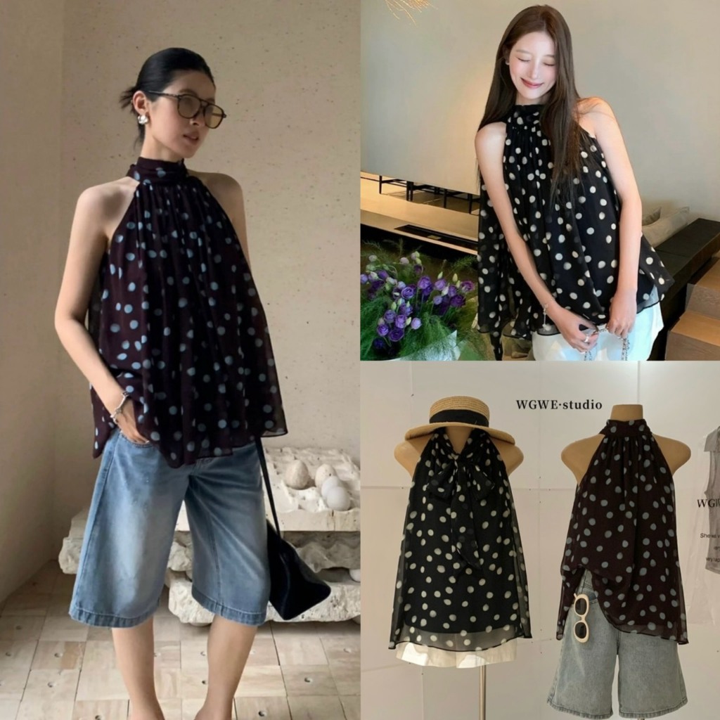 (พร้อมส่ง ดำ) Ribbon Dot เสื้อแขนกุด ลาย polka dot - 9846 TAG WG.WE 🇰🇷