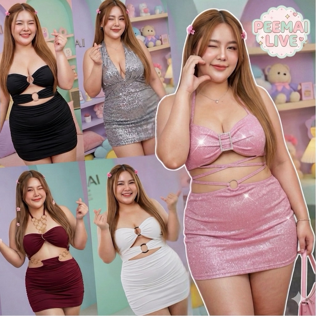 PEEMAI LIVE ชุดเดรสสายเดี่ยวสาวอวบ พลัสไซส์ แต่งวงแหวนเอว มีหลายแบบ (XL-3XL 40-100กก.)