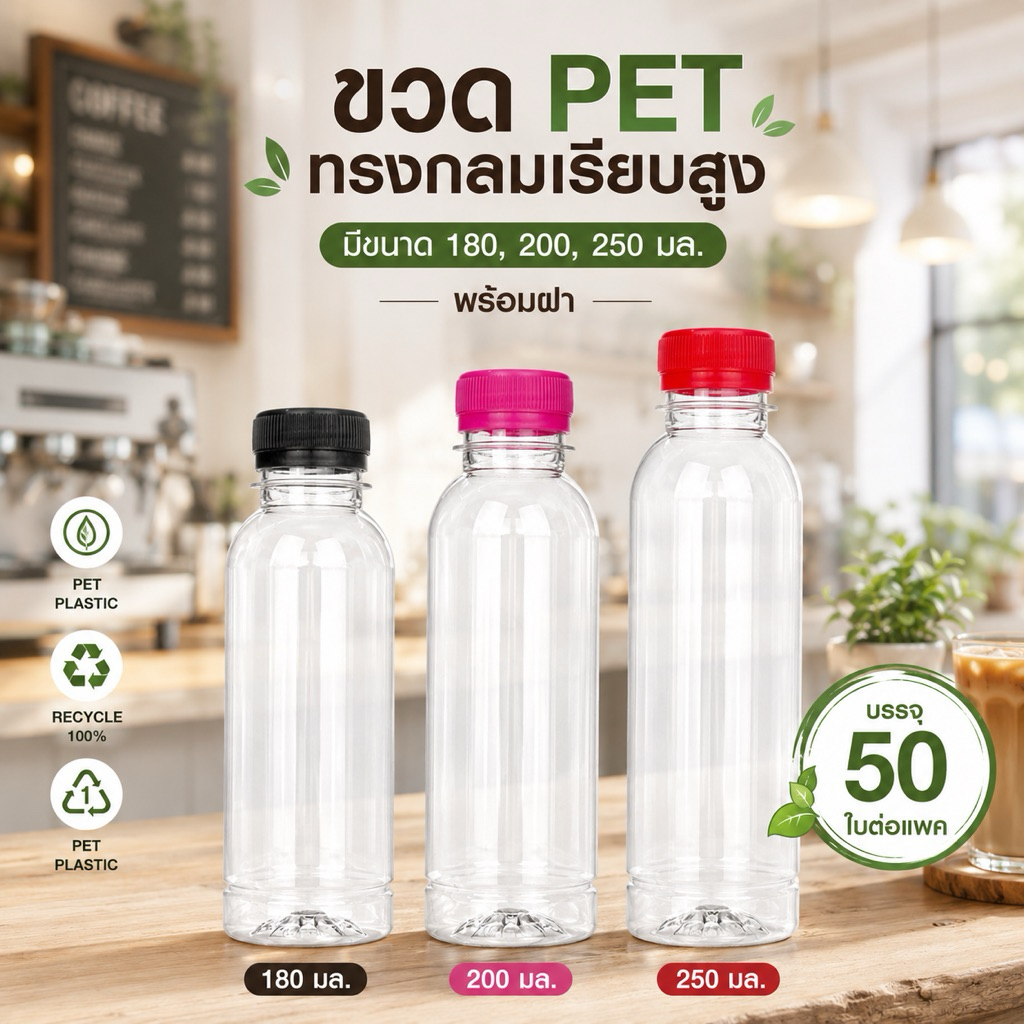 (50 ขวด) ขวดพลาสติก ทรงเหลี่ยมเรียบ