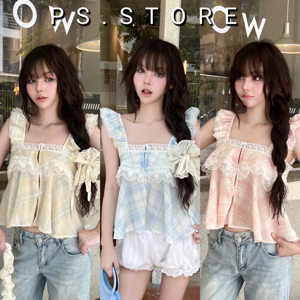 Violett : เสื้อสายเดี่ยวระบาย ดีเทลลูกไม้ช่วงอก งานกระดุมหน้าใช้งานจริง