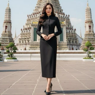 KSPC46 เซตจิตรดาผ้าไหมญี่ปุ่น เสื้อแขนยาว กระดุมหน้า กระโปรงยาว มีซิปซ่อนด้านหลัง งานสีดำล้วน (S-5XL)
