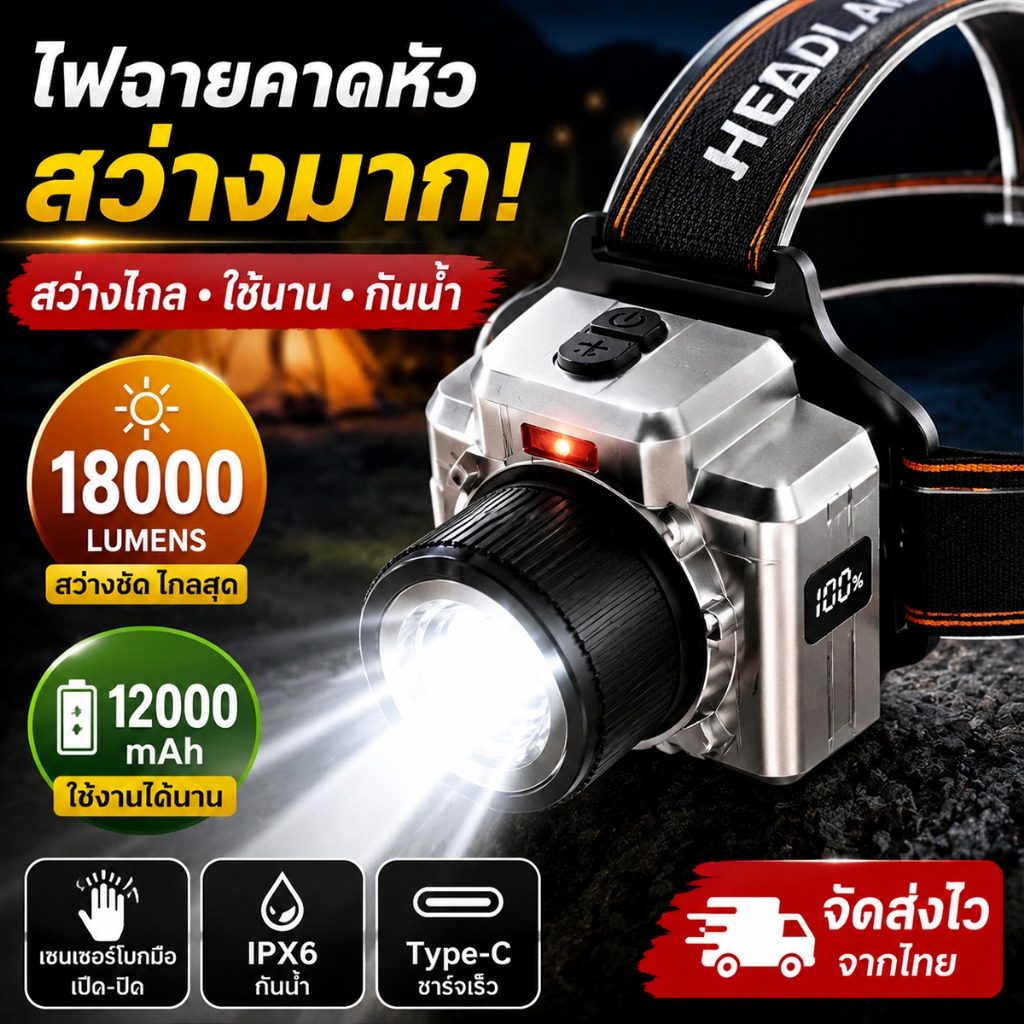 ไฟฉายคาดหัว LED แสงแรง กันน้ำ ปรับโฟกัสได้ ระยะไกล ใช้งานกลางแจ้ง ตกปลา เดินป่า ซ่อมรถ ไฟฉายแรงสูง ทนทาน ประหยัดพลังงาน