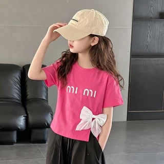 เสื้อยืดเด็กผู้หญิงสไตล์เกาหลี ดีไซน์ผ่าข้างและตกแต่งด้วยโบว์นูน 3 มิติ สวยเก๋ แมตช์ง่าย น่ารัก และทันสมัย
