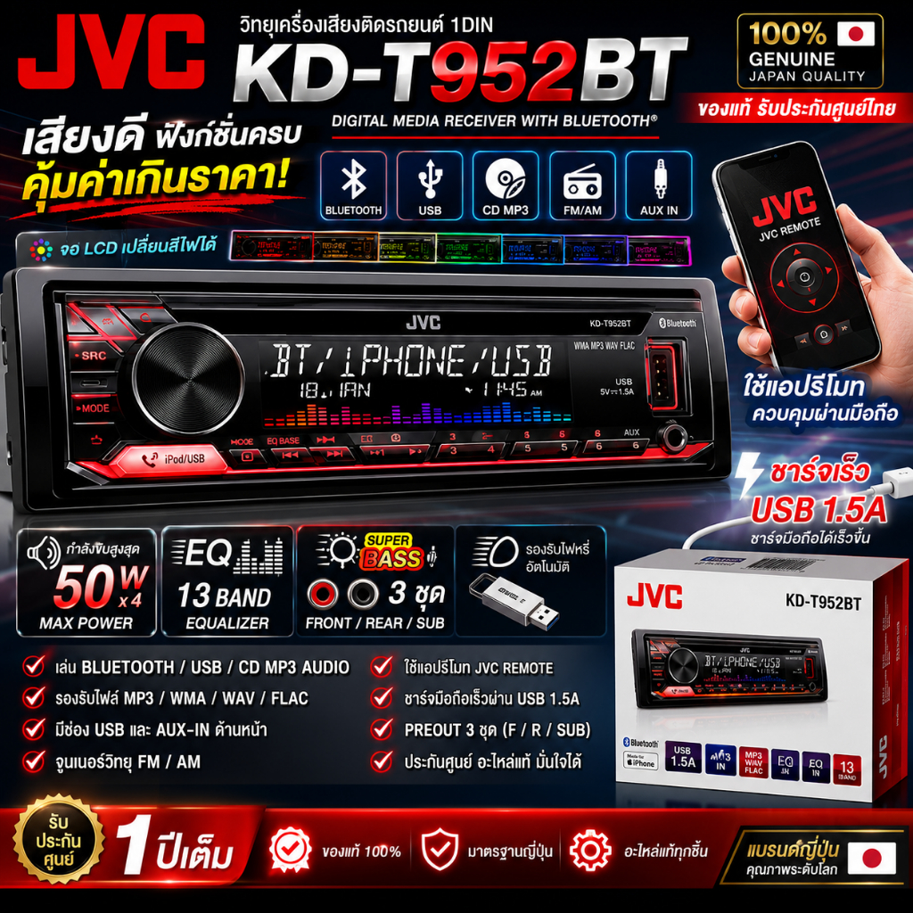 JVC KD-T952BT วิทยุ 1DIN แบรนด์ญี่ปุ่นแท้ ราคาโครตโดนใจ! จะฟังแผ่น CD เชื่อมต่อ Bluetooth ผ่านมือถือ