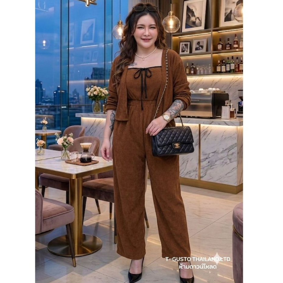 D25 ชุดเซต 3 ชิ้น ขายาวผ้าท๊อฟฟี่ สาวอวบ พลัสไซส์- เสื้อคลุม-สายเดียว อก 40-60ยาว19" กางเกง28-58" ยาว 4"
