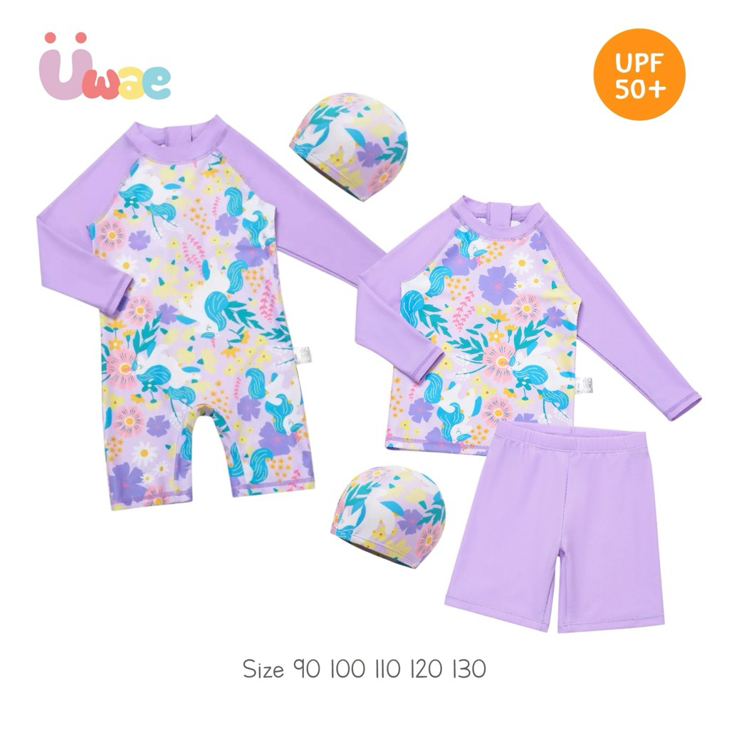 Uwae ชุดว่ายน้ำเด็กกันยูวีบอดี้สูทซิปหลังมีหมวก Floral unicorn รุ่น UV489-UV500