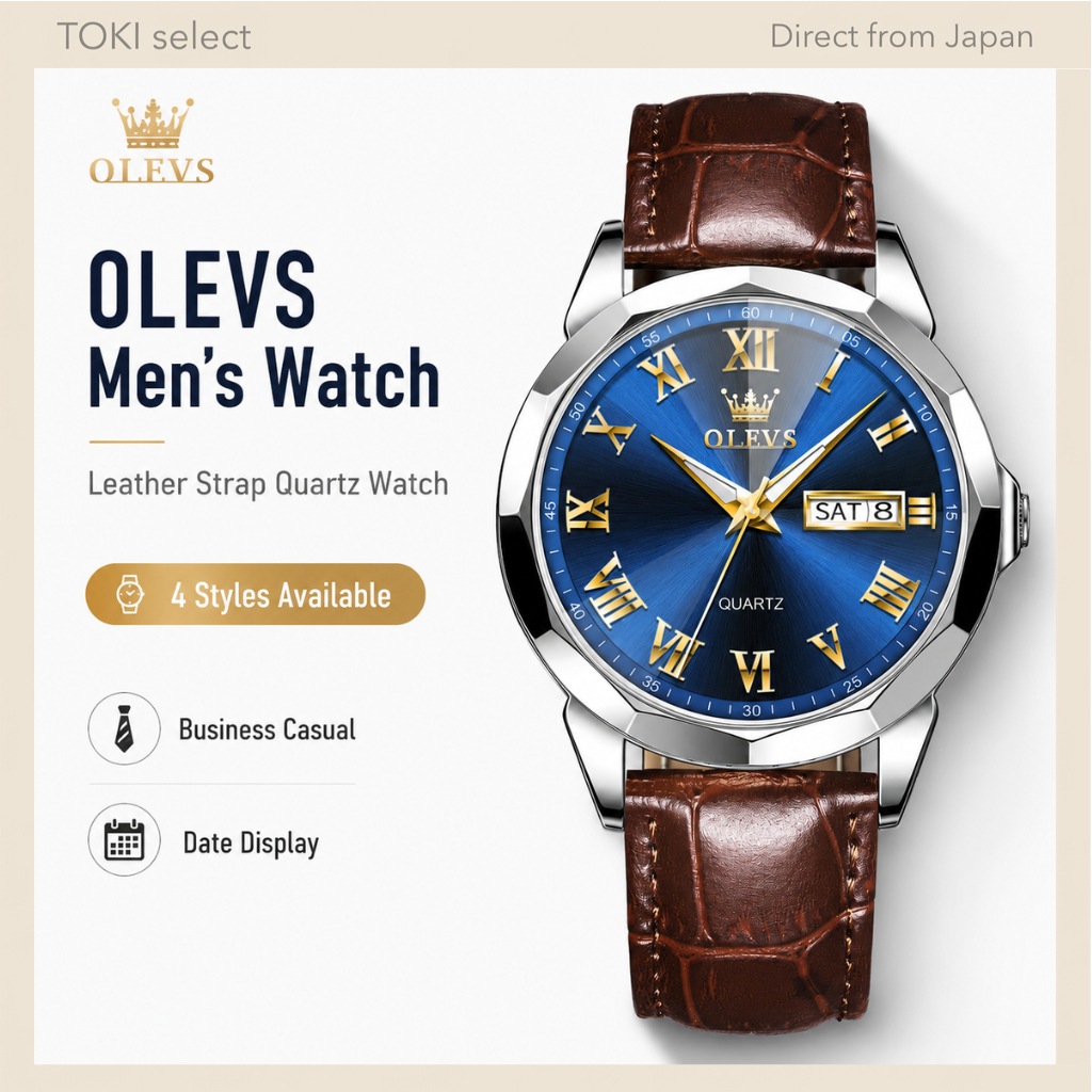 OLEVS Men's Leather Strap Quartz Watch Business Casual Date Watch Blue White Grey Black