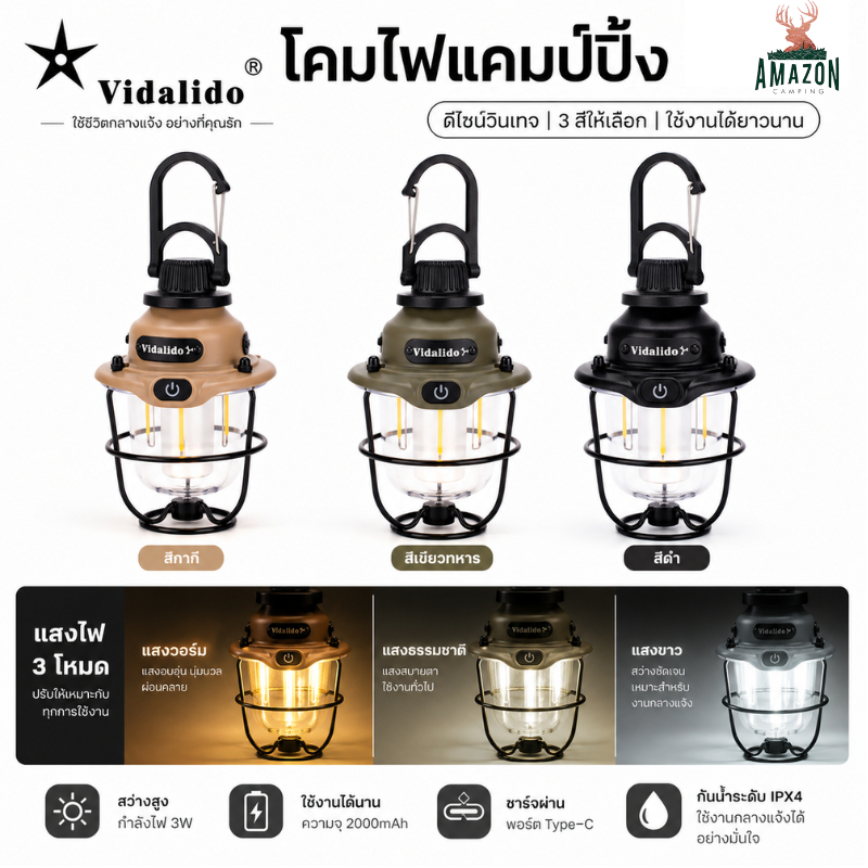 Vidalido โคมไฟแคมป์ปิ้ง LED แบบแขวน ชาร์จไฟ USB Type-C รุ่น Vintage Camping Lantern